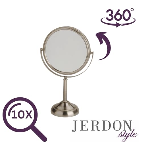 JERDON 6" Tabletop Makeup Mirror - 10X Magnification - Nickel - JP910NB | Two-Sided Swivel Design, 11" Tall, Portable - color: Nickel