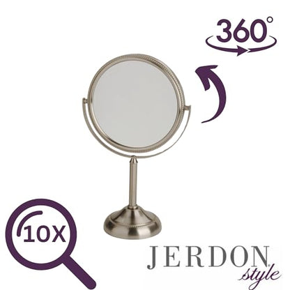 JERDON 6" Tabletop Makeup Mirror - 10X Magnification - Nickel - JP910NB | Two-Sided Swivel Design, 11" Tall, Portable - color: Nickel