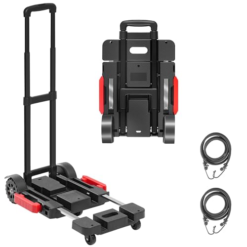 Folding Hand Truck Dolly, 220 lb Portable Utility Cart | with Expandable Base, 3 Adjustable Heights, 5-Wheel Collapsible Luggage Cart with 2 Ropes for Moving, Office and Travel