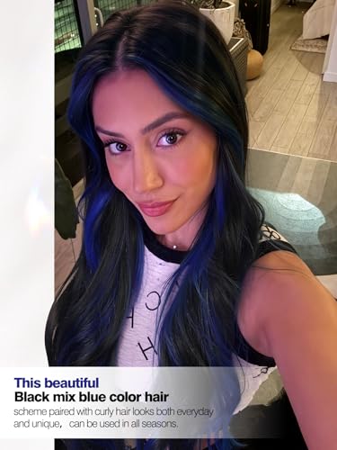 Quantum Love Long Curly Blue Wig for Women 28 Inch Long Wavy Wigs Black Mix Blue Natural Looking Synthetic Fashion Color Hair for Cosplay Halloween Daily - color: Mix Blue