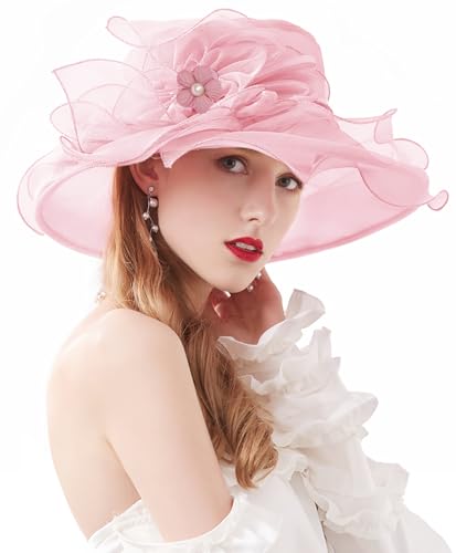 Women Derby Fascinator Hat Organza Church Wedding Hats Wide Brim Cocktail Tea Party Hat - color: 07 Light Pink