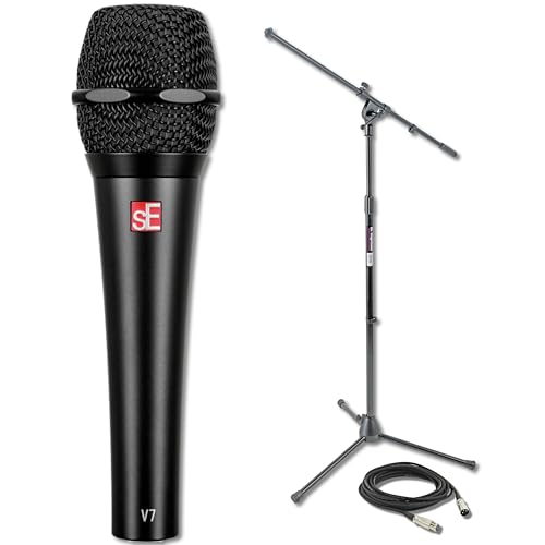 StreamEye sE Electronics V7 Black Supercardioid Dynamic Vocal Microphone with On-Stage MS7701B Euro Boom Stand and 20-Foot XLR Cable — Stage Mic for Live Vocals, Broadcasting, Singing