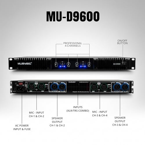 MUSYSIC Professional 4-Channel Amplifier – 2x9600 Watts D-Class 1U Power Amp MU-D9600 High Performance Amplifier with Stereo & Bridge Power for Professional Use in Concerts & Functions and at Home | 1U Power Amp High Performance Amplifier with Stereo & Br