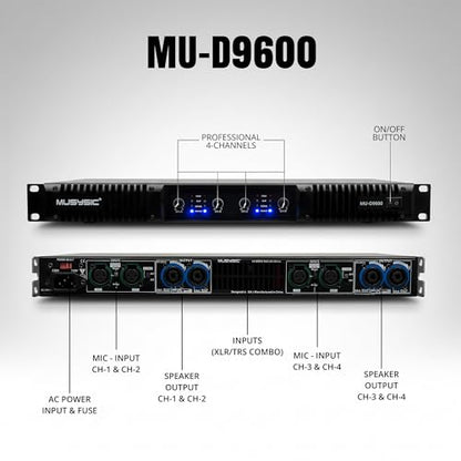 MUSYSIC Professional 4-Channel Amplifier – 2x9600 Watts D-Class 1U Power Amp MU-D9600 High Performance Amplifier with Stereo & Bridge Power for Professional Use in Concerts & Functions and at Home | 1U Power Amp High Performance Amplifier with Stereo & Br