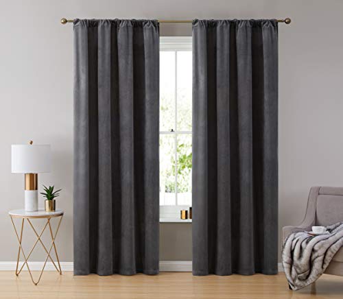 HLC.ME Lopez Velvet Premium Privacy Back Tab Rod Pocket Window Treatment Curtain Drapery Panels for Bedroom & Living Room - Set of 2 Panels (54 x 84 inches Long, Charcoal Grey) - color: Charcoal Grey, size: 54"W x 84"L (Pack of 2), style: Back Tab Rod Poc