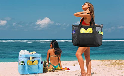 Mesh Beach Bag - Large Waterproof Beach Tote Bag with Zipper | Oversized Foldable Lightweight Family Swim Bag Vacation - color: Blue