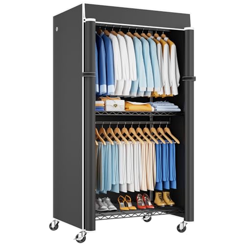 ULIFHOME P8C Heavy Duty Clothes Rack（With Extended Width Design） Rolling Clothing Racks for Hanging Clothes with Lockable Wheels，31.5" W x 15.8" D x 80.5" H，Max Load 600LBS，Black Rack with Black Cover - color: Black Rack with Black Cover, size: P8C