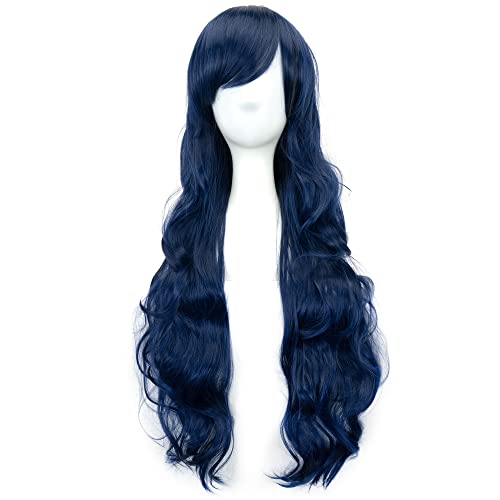 IMISSU 80cm Long Curly Natural Hair Cosplay Wig with Bangs Colorful Halloween Costume Party Wigs for Women (Dark Blue) - color: Dark Blue
