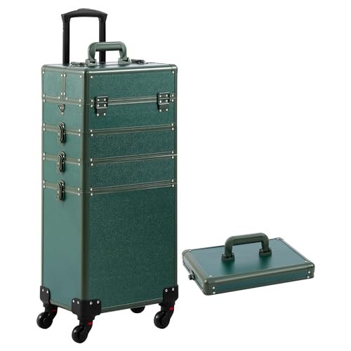 Somduy Makeup Train Case, Rolling Makeup Case with Lid, 5 in 1 Cosmetology Case on Wheels, Christmas Gift, Large Makeup Case Organizers, Profesional Cosmetic Case for Salon Barber, Green - color: Green