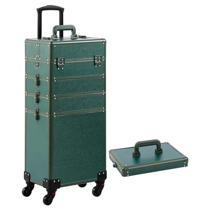 Somduy Makeup Train Case, Rolling Makeup Case with Lid, 5 in 1 Cosmetology Case on Wheels, Christmas Gift, Large Makeup Case Organizers, Profesional Cosmetic Case for Salon Barber, Green - color: Green