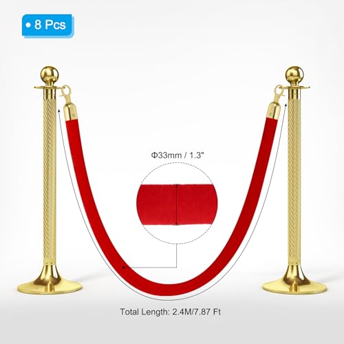 PATIKIL 8 Pack Red Velvet Stanchion Rope, 8 Ft Crowd Control Ropes Barrier Hanging Rope with Stainless Steel Gold Plated Hooks for Carpet Events Movie Theaters Opening Activities - color: Red/Gold Plated, size: 8 Feet