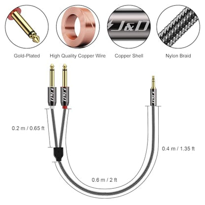 J&D 1/8 to 1/4 Stereo Cable, 3.5mm TRS to Dual 6.35mm TS Breakout Cable Y Splitter Cord for Amplifiers/Audio Mixer/Audio Recorder/MP3/MP4, Nylon Braid, Gold Plated Copper Shell, 2 Feet - size: 2 Feet
