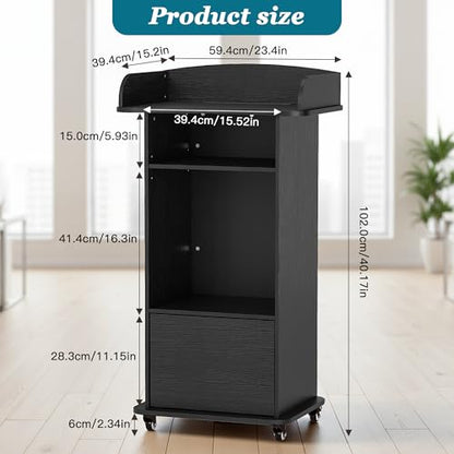 Podium Stand with Metal Wheels Wooden Lectern Podium Stand Portable Pulpit Standing with Storage Mobile Reception Podiums Desk for Church Office School Conference Restaurant Meeting, Black - color: Black
