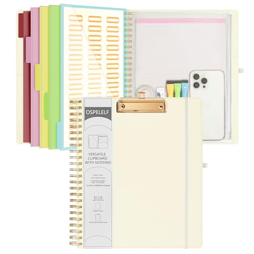 Ospelelf Foldable Spiral Clipboard Folio with Storage Zipper Pouch, 5 Plastic Folders with 10 Pockets, Refillable Lined Notepad (11" x 8.5"), Linen Hardcover Project Organizer (Beige) - color: Beige