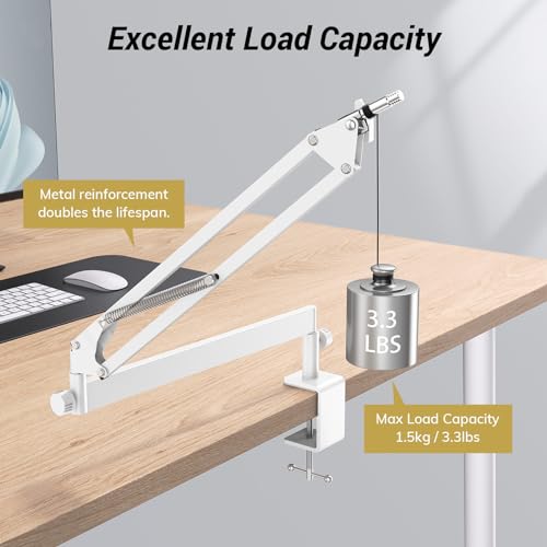 Tonor Mic Arm Desk Mount, Low Profile Boom Arm for Microphone, Adjustable Mic Stand with Desk Mount Clamp, 3/8’’ and 5/8’’ Screwadapter for Most Micr, 38 cm +35 cm(15''+14''), White, T20LP - color: White, style: Visible Spring