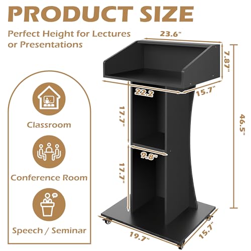 Podium Stand with Lockable Wheels,47"H Wooden Podium for Classroom, Mobile Pulpit Lectern with 3 Storage Shelves for Church, Office,Conference Room (Black) - color: Black