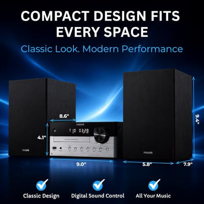 Philips Bluetooth Stereo System for Home with CD Player, Bluetooth 5.4 & Auracast, Upgraded 80W Stereo Sound, MP3, USB, Audio in, FM Radio, Bass Reflex Speaker, Remote Control Included - size: 80W Stereo System