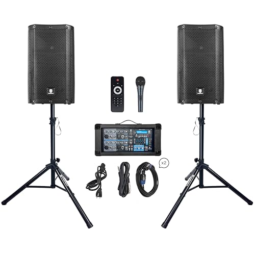 PRORECK DELTA 10 1800W Bluetooth PA Speaker System with 4-Channel Powered Mixer, 2 10-Inch Passive Speakers, Stands, Reverb Effects, and 15V Phantom Power. Perfect for DJs, Bands, Karaoke, Live Events - size: 10"+4 channel mixer