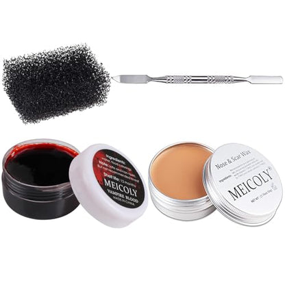 MEICOLY Scar Wax Kit with Spatula,Realistic SFX Scar Makeup,Coagulated Blood Fake Blood Gel with Black Stipple Sponge,Halloween Special Effects Makeup for Wound/Cuts