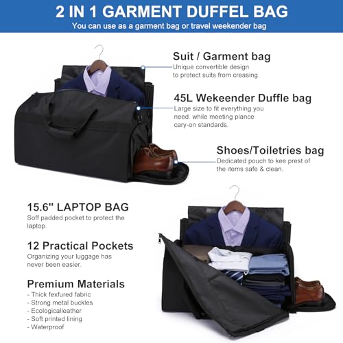Garment Bags for Travel Large Suit Bag for Men Carry On Garment Bag Convertible Garment Duffle Bag with Shoes Compartment,2 in 1 Hanging Dress Suitcase Suit Travel Bags,Black - color: Black