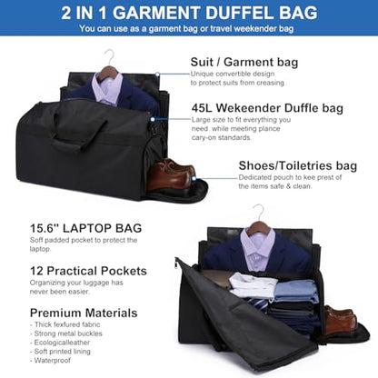 Garment Bags for Travel Large Suit Bag for Men Carry On Garment Bag Convertible Garment Duffle Bag with Shoes Compartment,2 in 1 Hanging Dress Suitcase Suit Travel Bags,Black - color: Black