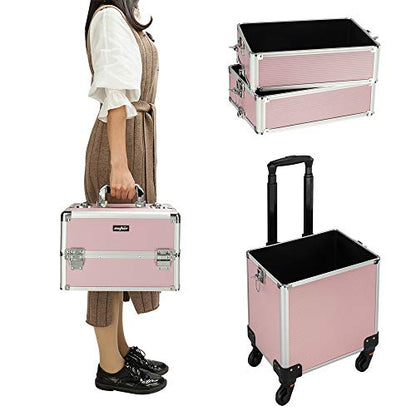 mefeir 4 in 1 Rolling Makeup Train Case, Aluminum Makeup Travel Organizer Cosmetic Case, Cosmetology Display Suitcase on Wheels, Beauty Storage Luggage Lockable w/4 Removable Wheels (Pink) - color: Pink