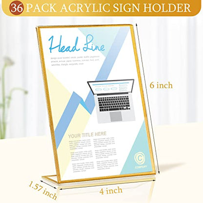 36 Pack Acrylic Sign Holder Gold Frame Table Numbers Slanted Back Menu Display Stand Clear Flyer Document Photo Display Holders Plastic Table Signs for Wedding Office(Vertical Style,4 x 6 Inch) - style: Vertical Style
