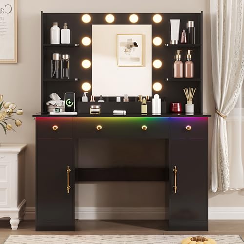 HUANLEGO Vanity Desk with Mirror and Lights, Makeup Vanity with Mirror and LED Lights & Power Outlet, 3 Drawers and Cabinets, 3 Lighting Modes Dressing Table Set for Girls Women Bedroom,Black - size: 43.7x15.7x57.6 in, style: Black