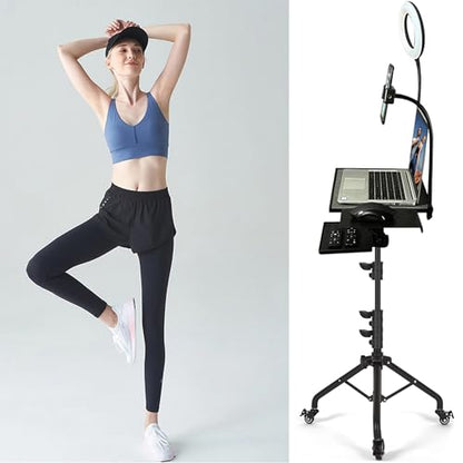 Projector Tripod Stand with Wheels Laptop Tripod Stand Projector Tripod Laptop Stand Floor Stand Live Stream stand Treadmill Stand Music Stand with 6" LED Ring Light for Online Meeting Recording