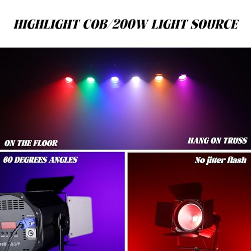 COB Stage Lights with Barn Doors, COB Par Light 200W LED RGBWAUV DMX512 Master-Slave Sound DJ Lighting Spotlight Fresnel for Church Concert Wedding