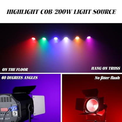 COB Stage Lights with Barn Doors, COB Par Light 200W LED RGBWAUV DMX512 Master-Slave Sound DJ Lighting Spotlight Fresnel for Church Concert Wedding