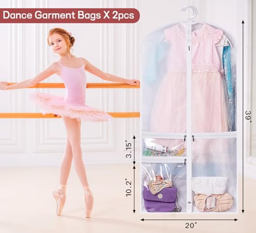 Kimbora Costume Dance Garment Bag with 3 Clear Zipper Pockets for Suits Dress Cover, Travel & Competitions Protector, Set of 2