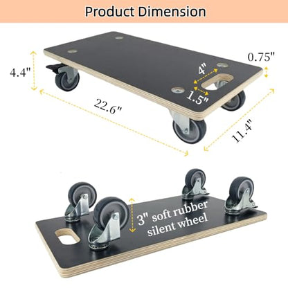 Furniture Dolly 4 Wheels, Furniture Movers, 2 Packs 2200 lb Load Capacity Heavy Duty Wood Dolly, Multifunctional Moving Dolly with 4 Soft Rubber Silent Wheels （2 with Brake+ 2 Without） - size: Rectangle Furniture Dolly with TPR Brake Wheels