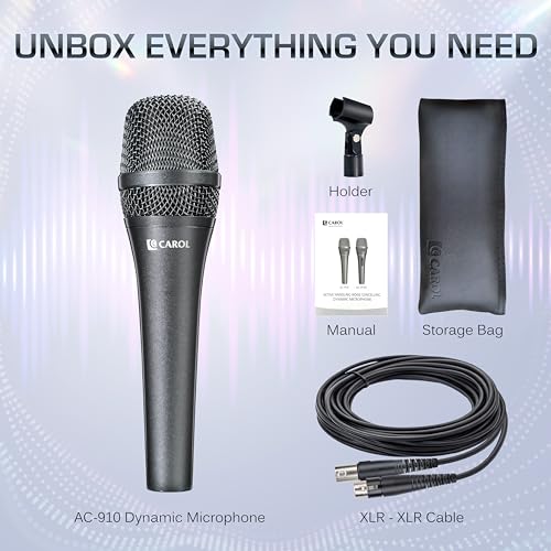 CAROL AC-910 XLR Wired Vocal Microphone, Dynamic Cardioid, No-Switch | AHNC dual-engine noise canceling tech for singing, studio, and stage. incl. 14.8ft (4.5m) XLR cable, mic clip - style: AC-910（no switch）