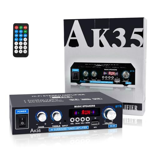 Home Audio Amplifier Receivers 200W Bluetooth 5.0 RMS 30W x 2 AK35 Stereo Receiver for Speakers 2.0 Channel Power Amp with Bass & Treble Remote Control w/USB/TF/MIC/AUX Input - color: Dark