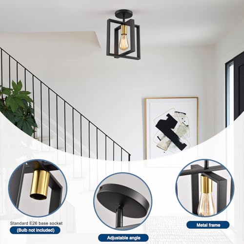 2 Pack Semi Flush Mount Ceiling Light,Black Metal Frame Ceiling Light Fixture with Golden Lamp Cup, Farmhouse Light Fixture for Kitchen Island Entryway Porch Foyer - color: Black Gold