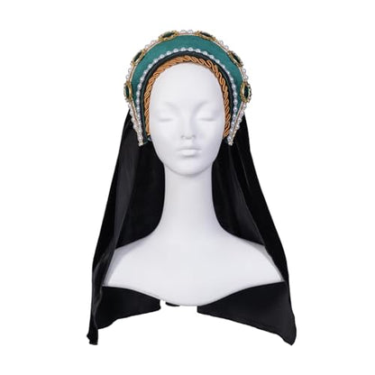 Willyacos Tudor French Hood Anne Boleyn Costume Headpiece Elizabethan Headwear Renaissance Tudor Hat Headdress Headband - color: Green