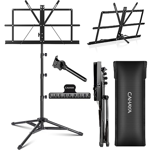 CAHAYA Portable Sheet Music Stand Adjustable Dual Use with Carrying Bag | Desktop Book Holder Folding Lightweight Extra Stable Reinforced with Clip for Students Musicians Height Adjustable up to 67" - color: Black, style: Higher Version