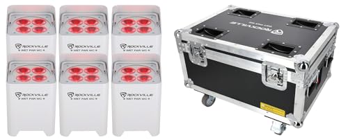 Rockville Wet PAR WC Package White 18W RGBWA+UV Par Wash Lights, Charging Case, IP65 Water-Resistant, App-Controlled, for DJ Events and Venues (6 Lights) | IP65 Waterproof, RGBWA+UV, Wireless DMX, App Control, 10-12 Hour Battery, 6 IR Remotes, Truss Clamp