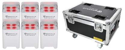 Rockville Wet PAR WC Package White 18W RGBWA+UV Par Wash Lights, Charging Case, IP65 Water-Resistant, App-Controlled, for DJ Events and Venues (6 Lights) | IP65 Waterproof, RGBWA+UV, Wireless DMX, App Control, 10-12 Hour Battery, 6 IR Remotes, Truss Clamp
