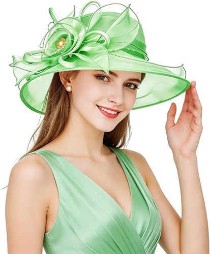 Women Derby Fascinator Hat Organza Church Wedding Hats Wide Brim Cocktail Tea Party Hat - color: 08 Mint Green