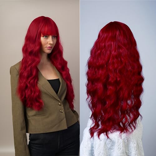 Red Long Curly Wig for Women, 31 Inch Synthetic Cosplay Wig, Natural Looking Wavy Wig for Parties, Role Play and Dress Up - color: Red