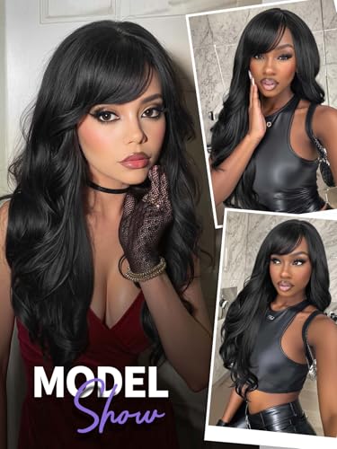 WIGER Black Long Wavy Hair With Bangs, Layered Synthetic Curly Wig Black Wig for Women Daily Party Use, No Lace Cosplay/Music Festival/Carnival/Valentine's Day Wigs - color: Black