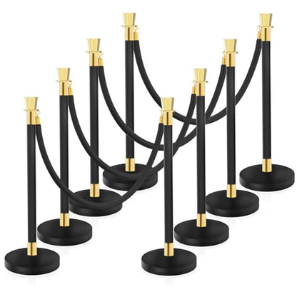 Black Stainless Steel Stanchions Rope - Crowd Control Barriers with Red Carpet Safety Barrier, Velvet Ropes and Posts & Retractable Belts for Party Theater Weddings, Museums - 8Pcs - color: Black, size: 8Pcs