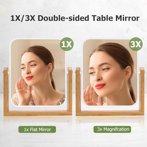 LFOYOU Vanity Makeup Mirror with Natural Bamboo Stand, Double Sided 360 Degree Swivel Magnifying Mirror, Tabletop Magnified Make up Mirror for Bathroom or Bedroom 8 Inch - size: 8"L x 7.1"W