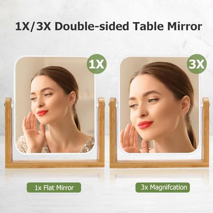 LFOYOU Vanity Makeup Mirror with Natural Bamboo Stand, Double Sided 360 Degree Swivel Magnifying Mirror, Tabletop Magnified Make up Mirror for Bathroom or Bedroom 8 Inch - size: 8"L x 7.1"W
