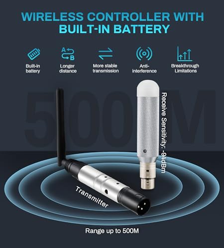 Wireless DMX Built-in Battery, Dj 2.4G Wireless DMX Receiver DMX512 Transmitter 5 Receivers & 1 Transmitter with Bag Adapter for Led Stage Disco Party Bar Lighting