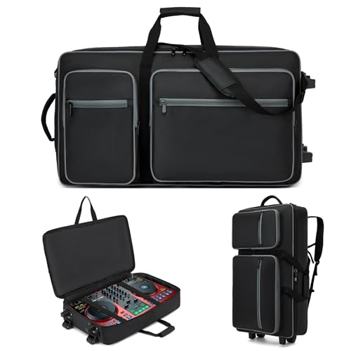 DJ Case with Wheels Compatible with DDJ FLX10/1000/1000SRT/REV7/REV5/SCLIVE 4,DJ Controller Case for Pioneer DJ Equipment,DJ Controller Bag with Multi-pocket for DJ Accessories,Soft DJ Backpack