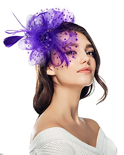 Fascinator Tea Party Hat Women 20s 50s Wedding Cocktail Flower Mesh Feathers Hair Clip for Carnival Halloween - color: A-purple