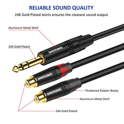 RCA to 6.35mm Y Breakout Cable, 3FT TRS 6.35mm 1/4 Inch to 2 RCA Plug Audio Insert Cable, 1/4'' Male to Dual RCA Female, Quarter Inch TRS to RCA Interconnect Cord for TV, Home Theater System